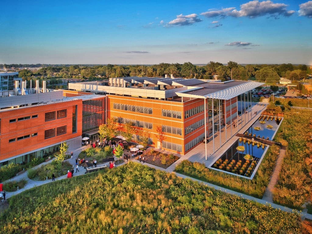 The Donald Danforth Plant Science Center, with the entrance courtyard and reflecting pools
