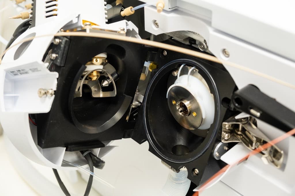 Close-up of a mass spectrometer ion source